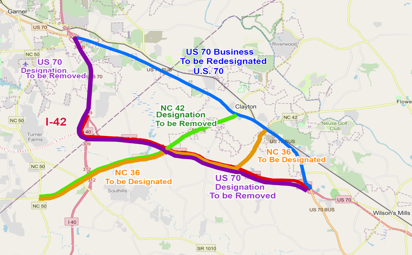 Map showing redesignations from NCDOT