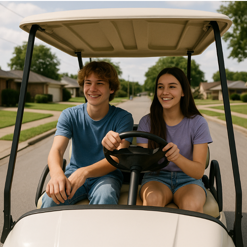 Two teens ride in a gold cart on the street of a residential neighborhood