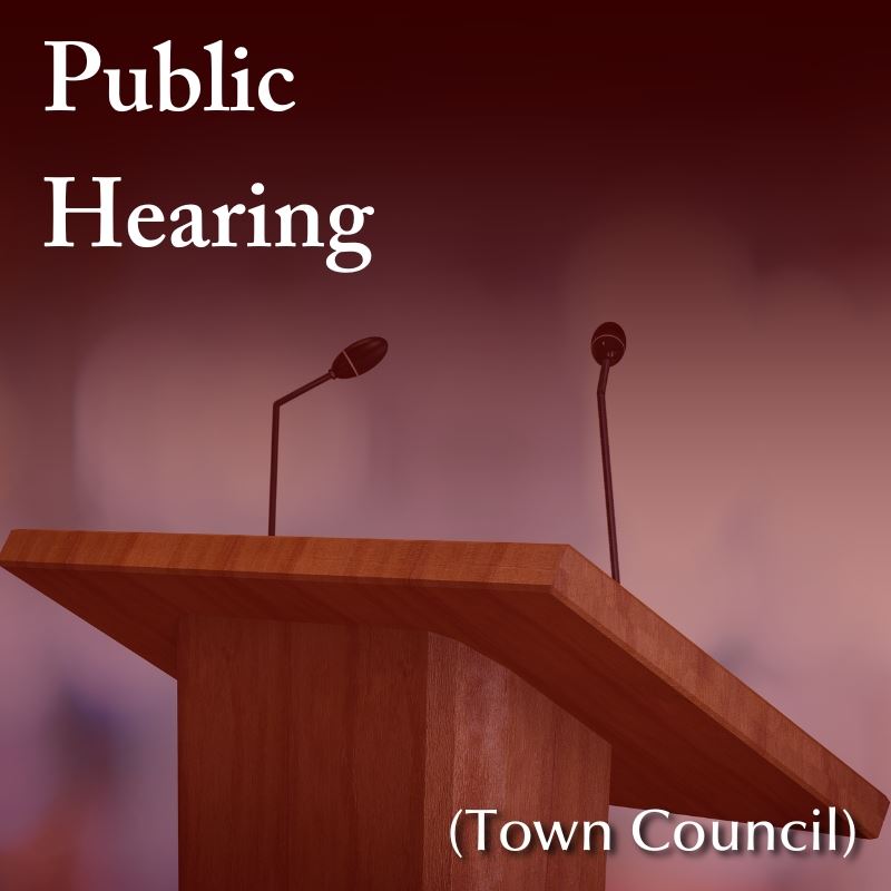 podium overlayed with red, titled Public Hearing